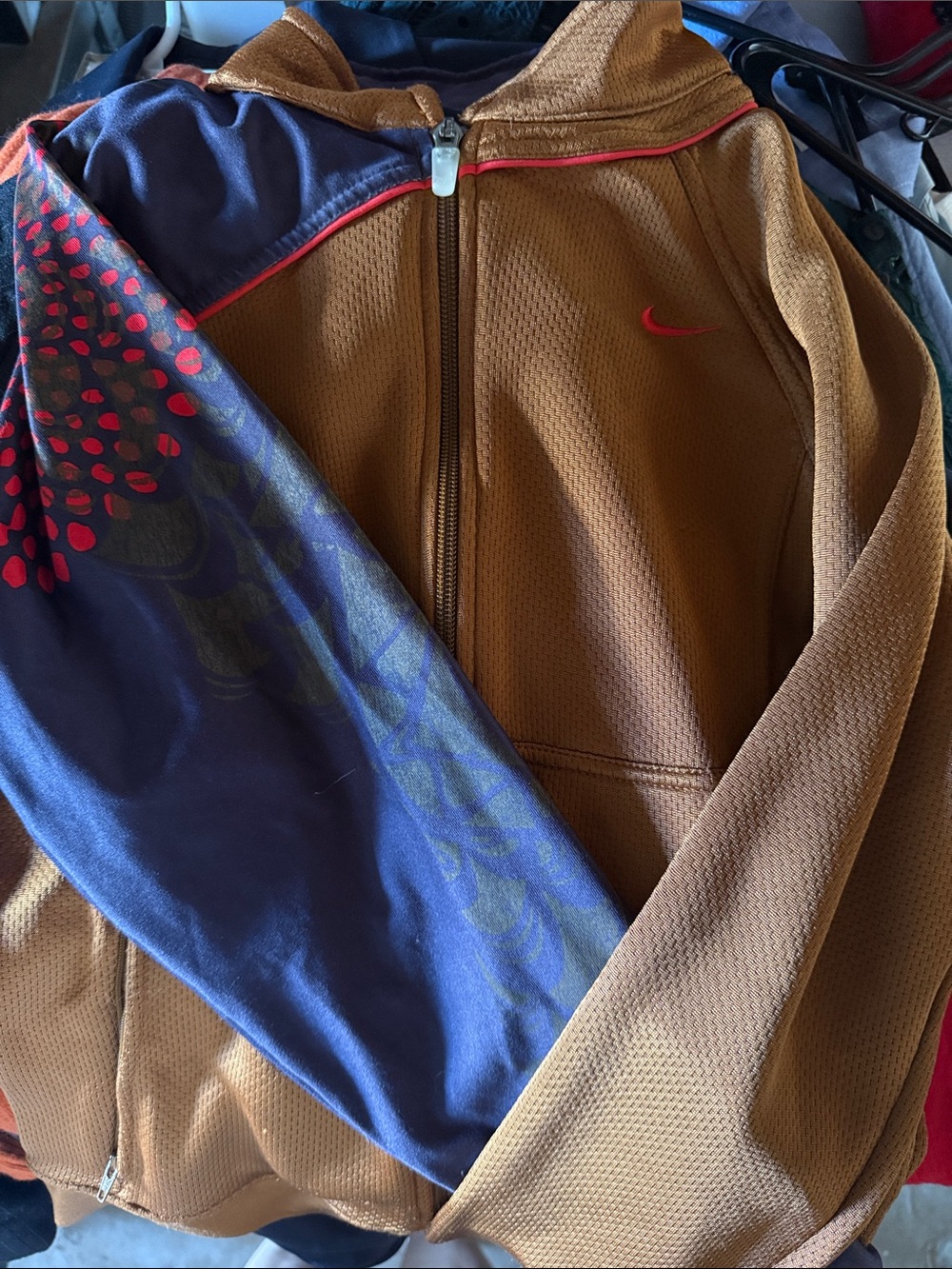 Nike Brown and Navy Zip-Up Hoodie with Red Accents